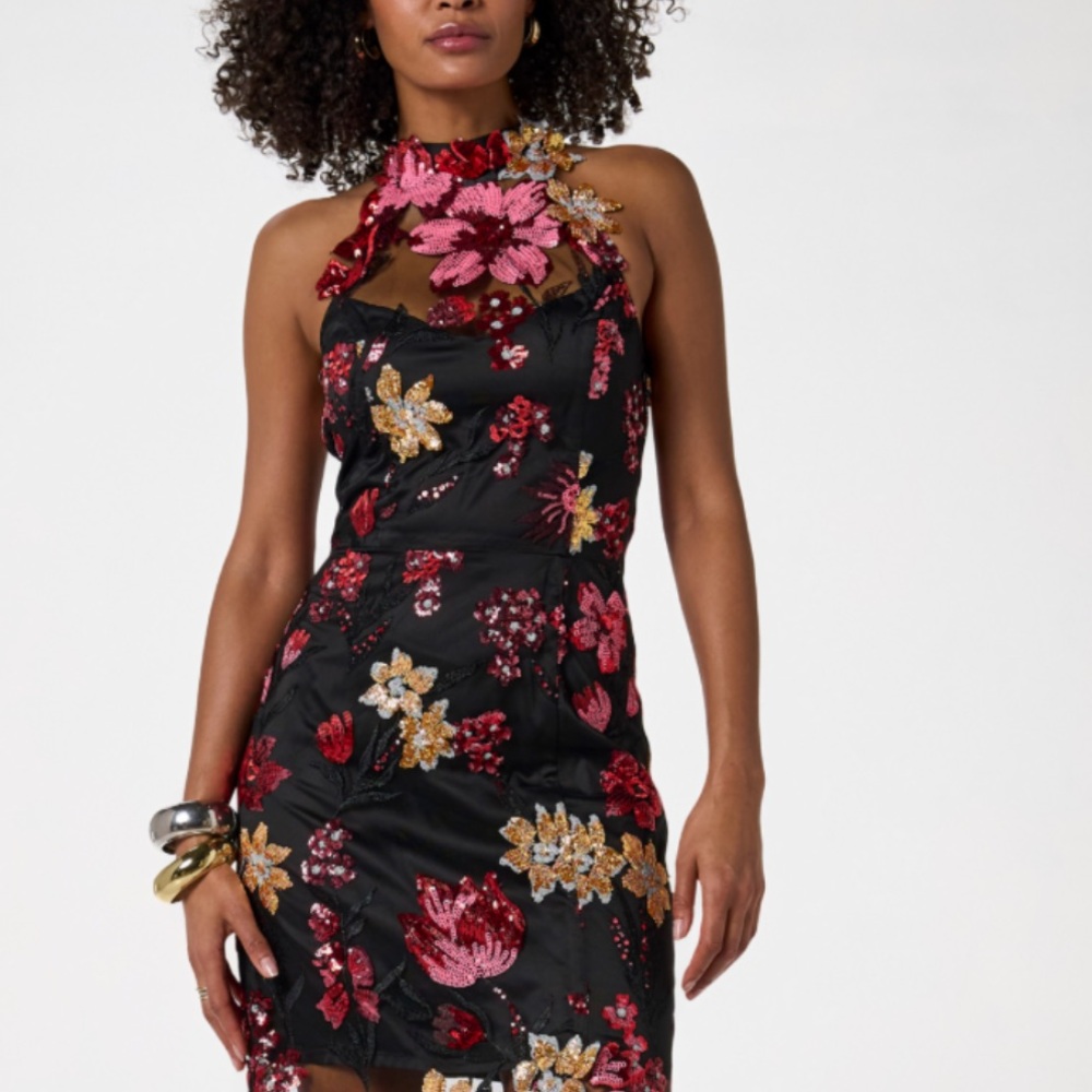 Boston Proper Size Small Sequin Mesh Slit Floral Gown